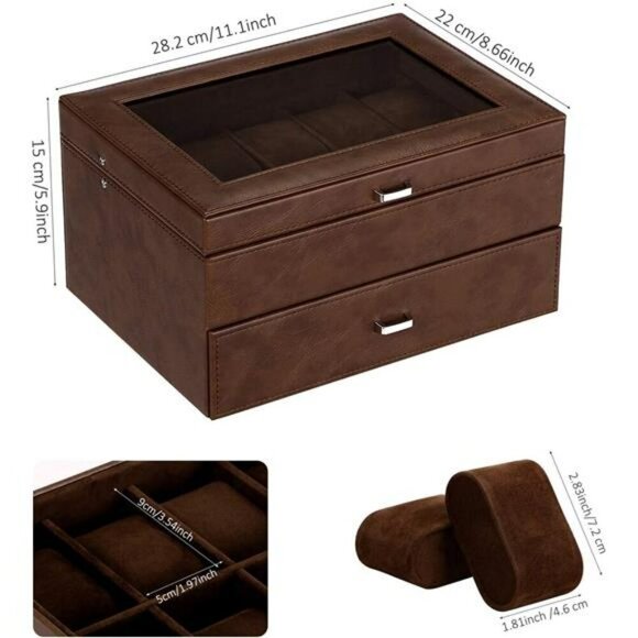 20 Slot Watch Box Organizer Display Case Glass Lid Leather Storage for Men - Picture 5 of 7